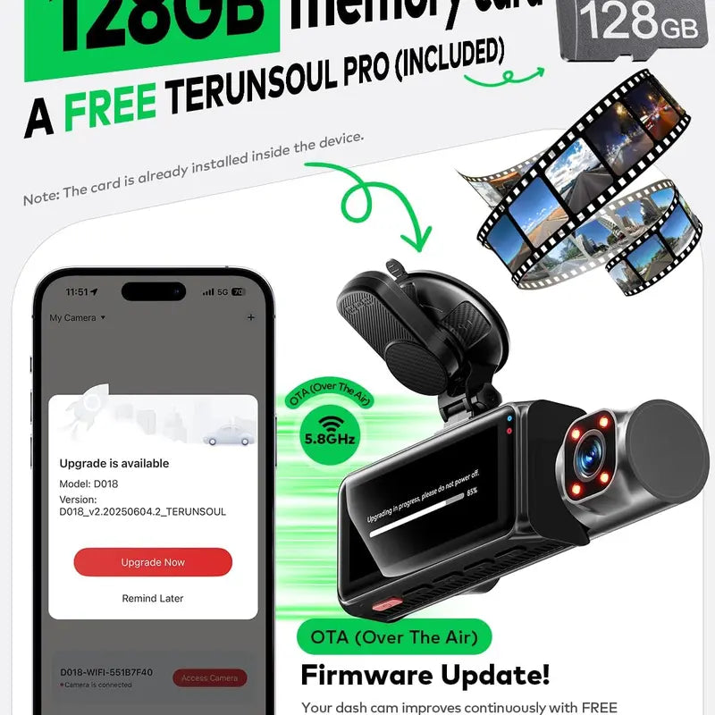 TERUNSOUL D018 Model Vehicle Dashcam Cam - Triple Lens 4K 3-Channel, 4K+4K+1080P, 5Ghz Wifi + USB-C, GPS, 128GB Card, IR Night Vision, Parking Mode, Wide-Angle, Full Lamination, Loop Record, HD Driving Recorder for Car Vlogging, Auto Gadgets Gifts,Toolupg