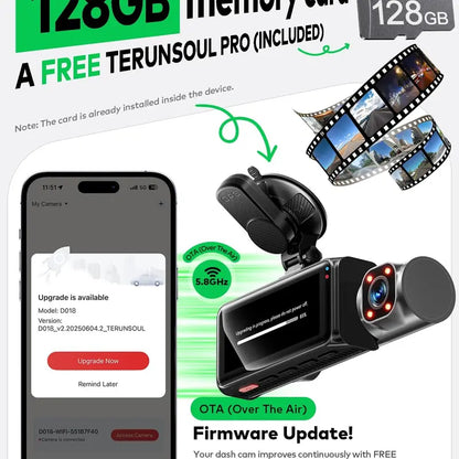 TERUNSOUL D018 Model Vehicle Dashcam Cam - Triple Lens 4K 3-Channel, 4K+4K+1080P, 5Ghz Wifi + USB-C, GPS, 128GB Card, IR Night Vision, Parking Mode, Wide-Angle, Full Lamination, Loop Record, HD Driving Recorder for Car Vlogging, Auto Gadgets Gifts,Toolupg