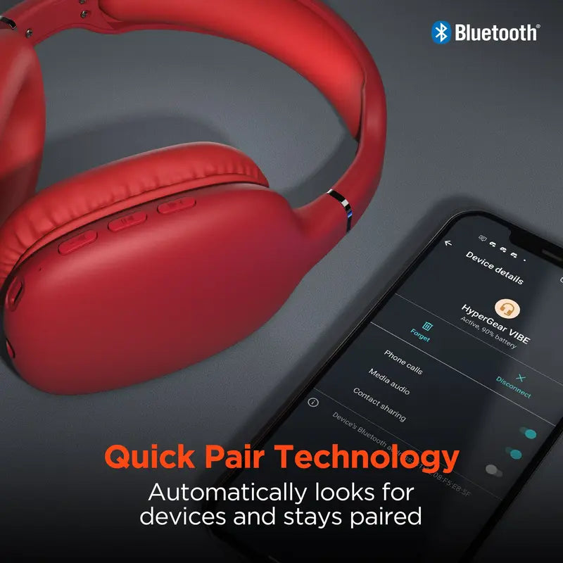 VIBE Wireless Over-Ear Square Bluetooth Headphones - Red Audio Electronic, Noise Isolation, Memory Function, Built-In Mic+Controls, Universal Sync, Foldable, Work from Home & Workout Tool
