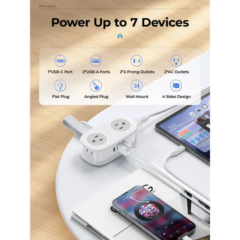 ORICO 7-In-1 Portable Travel Power Strip, Cruise Ship Approved, 0.39-Inch Thin Flat 45° Angled Plug, 4.0*2.4*1.6 Inches Compact Design, Multi-Port Fast Charging Power Delivery for Home, Dorm & Business Trips